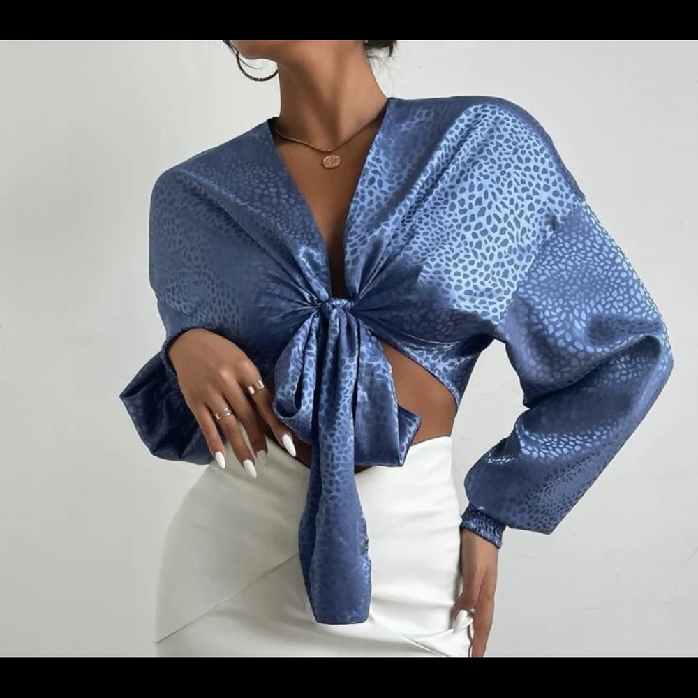 SHEIN Blue Satin Tie-Front Long Sleeve Blouse - Picture 7 of 7